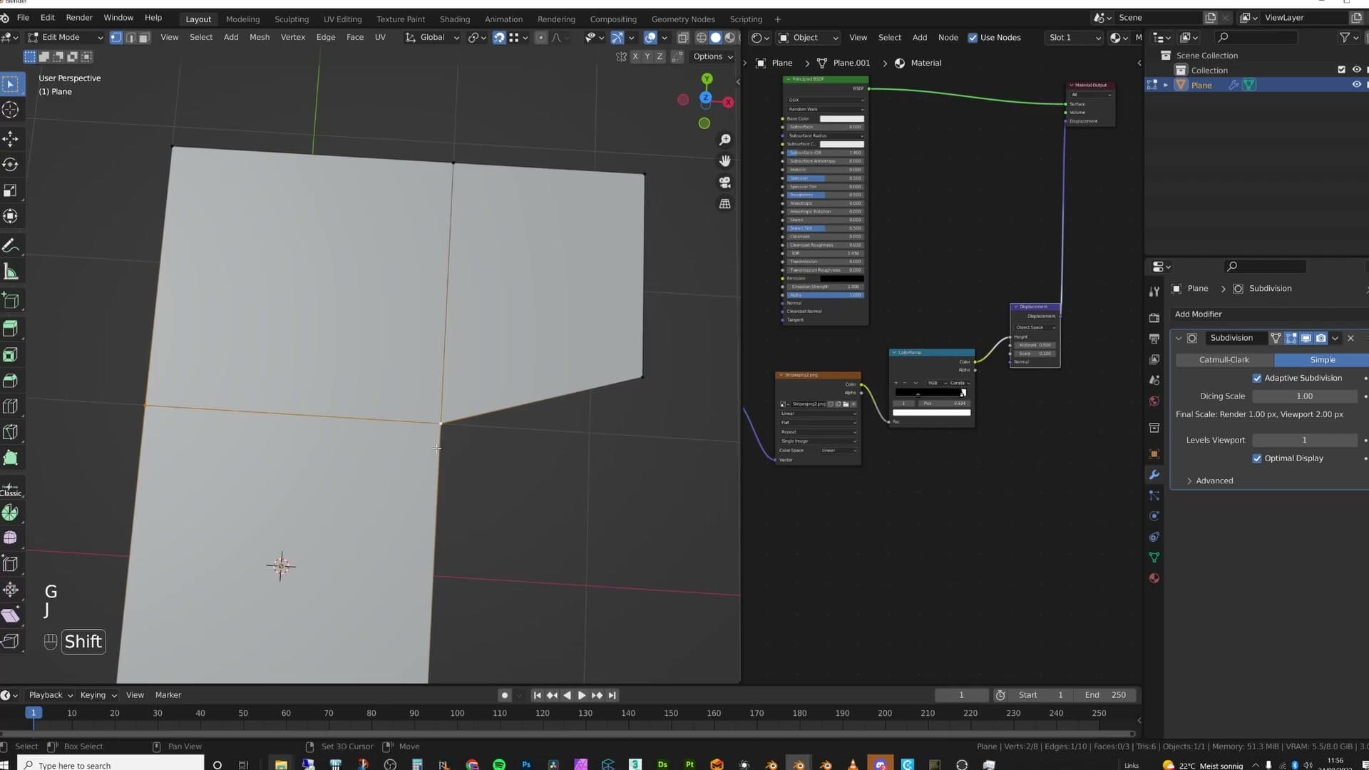 Ctrl+R to add loop cuts, then Shift+J to join vertex pairs, converting the floor n-gon into clean quads that follow the displacement's direction.