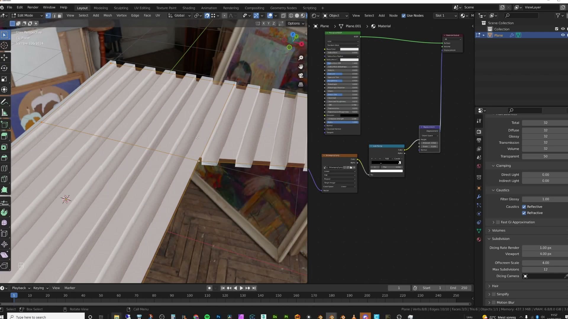 Same map, same dicing rate of 4. The quad topology gives adaptive subdivision a grid that matches the texture and the jagged edges disappear.