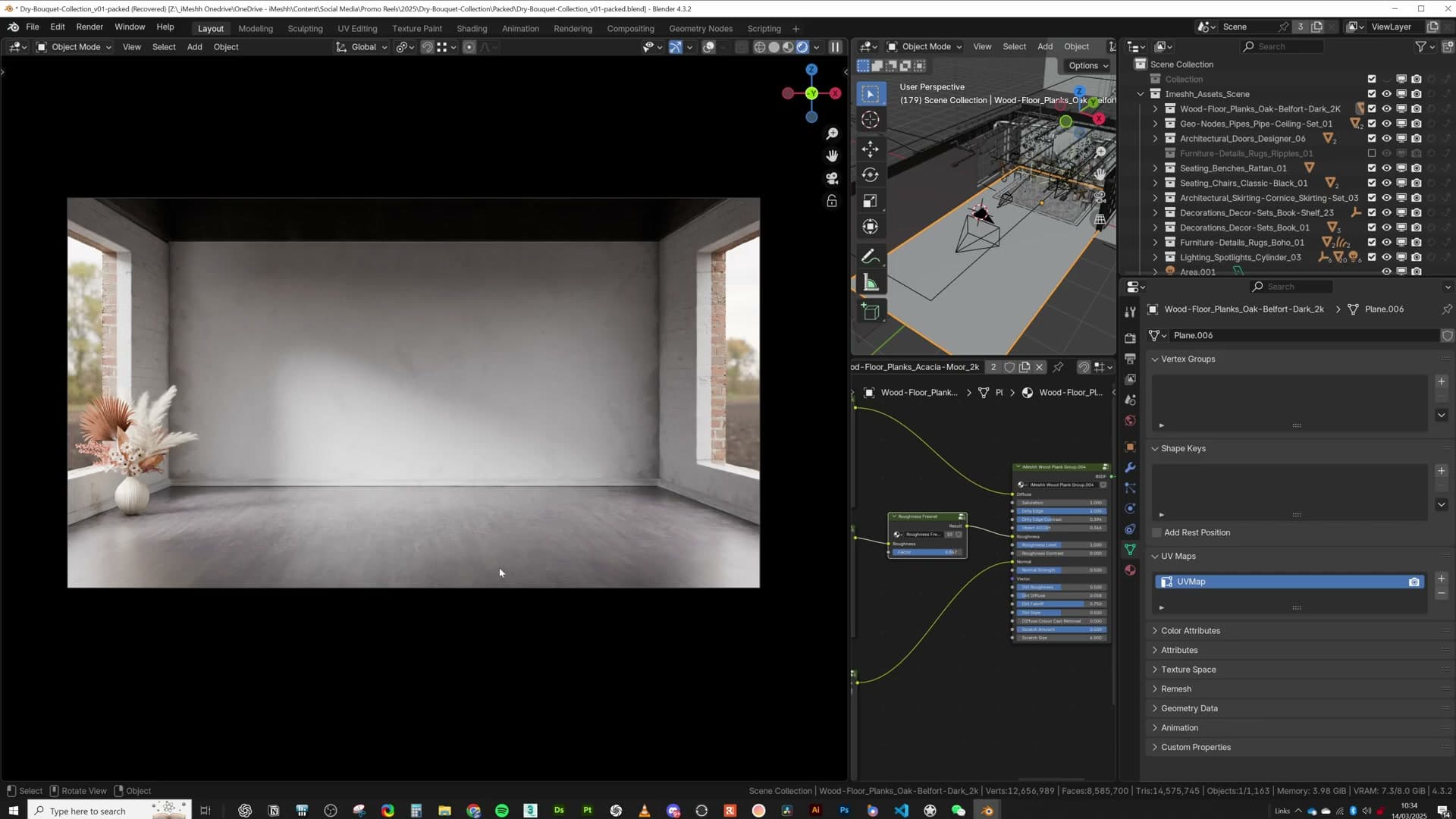 Glossy wood floor with bevel modifier picking up edge highlights