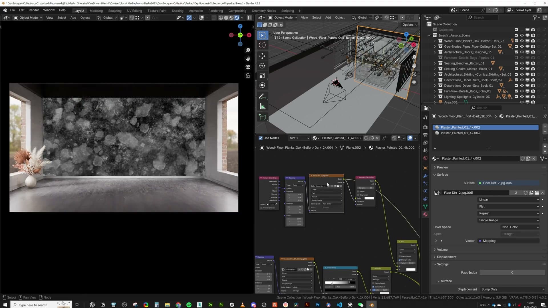 Dirt texture plugged into AO distance, wear localised to edges only