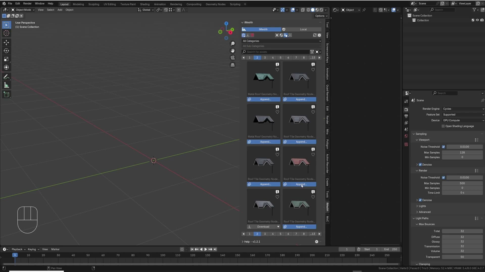 The Job Knows tab of the iMeshh Asset Manager, selecting a tiles variation to append.