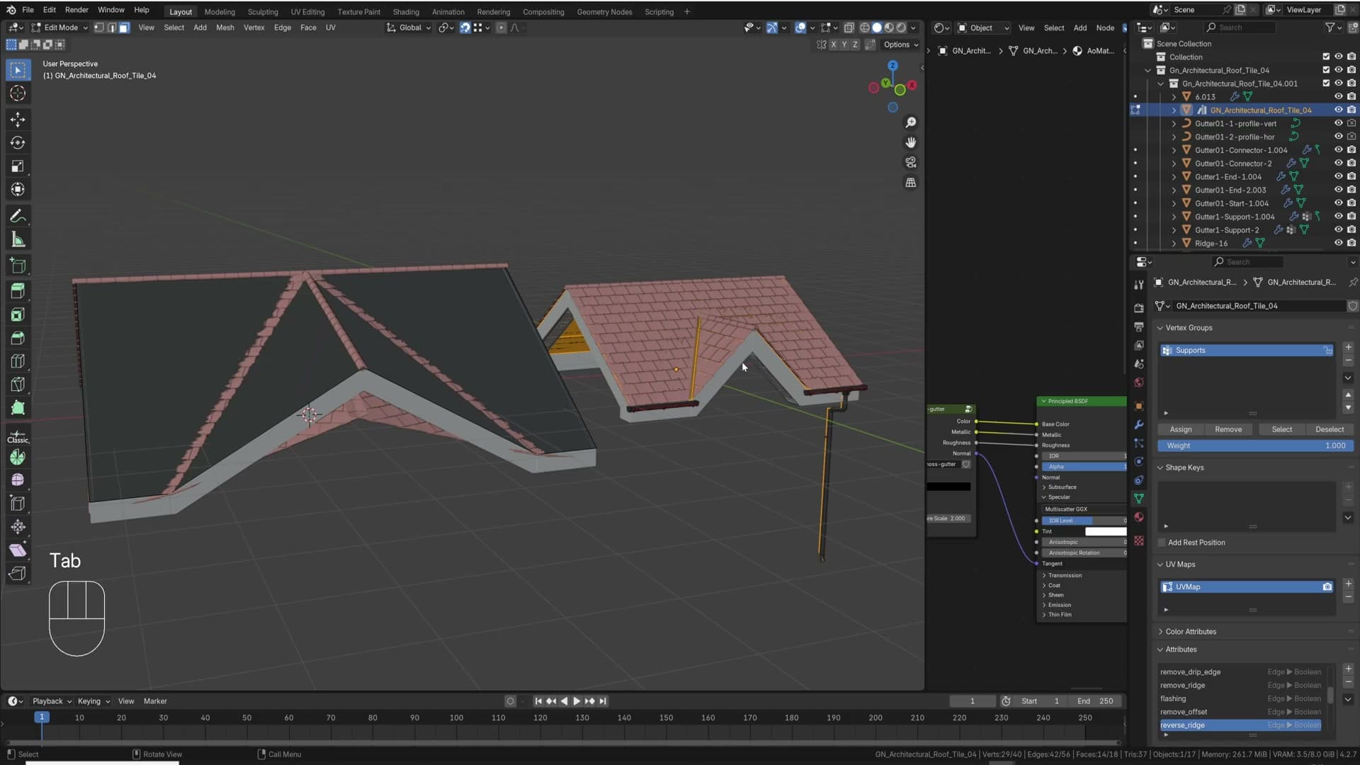 The roof generator now driving the custom roof shape, with some visible shading issues still to fix.