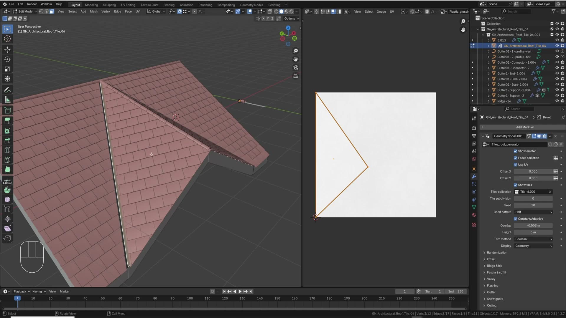 Rotating problem faces by 90° and 180° in the UV editor to get every roof slope flowing the correct way.