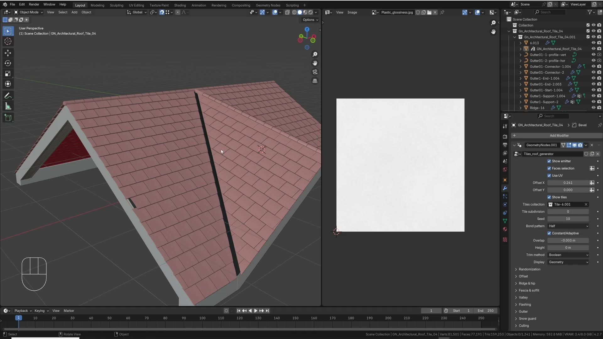 Tiles failing to cut cleanly at the roof edge: a classic boolean failure.