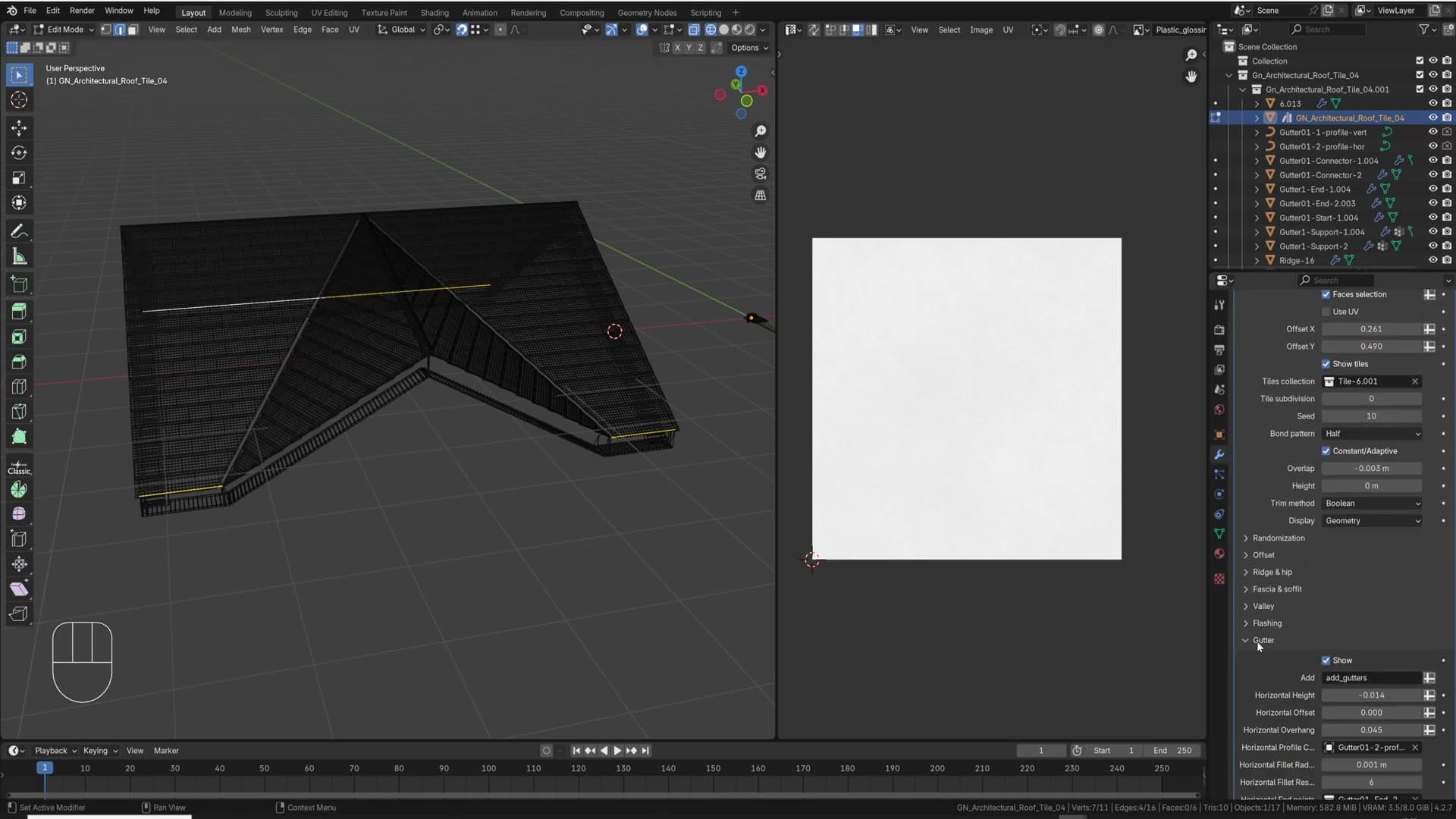 Selecting the bottom edges of the roof in edge select mode to tag them as gutter runs.