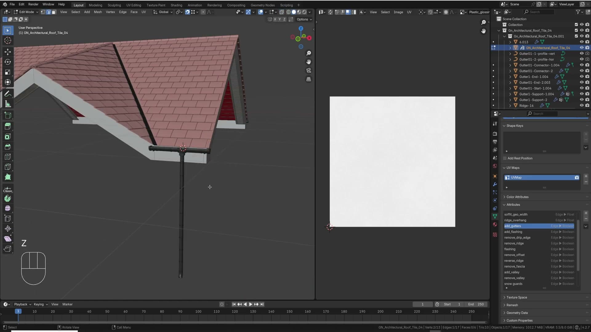 A single extruded vertex becomes a downpipe. The generator detects the standalone edge and snaps it to the roof's lower edge automatically.