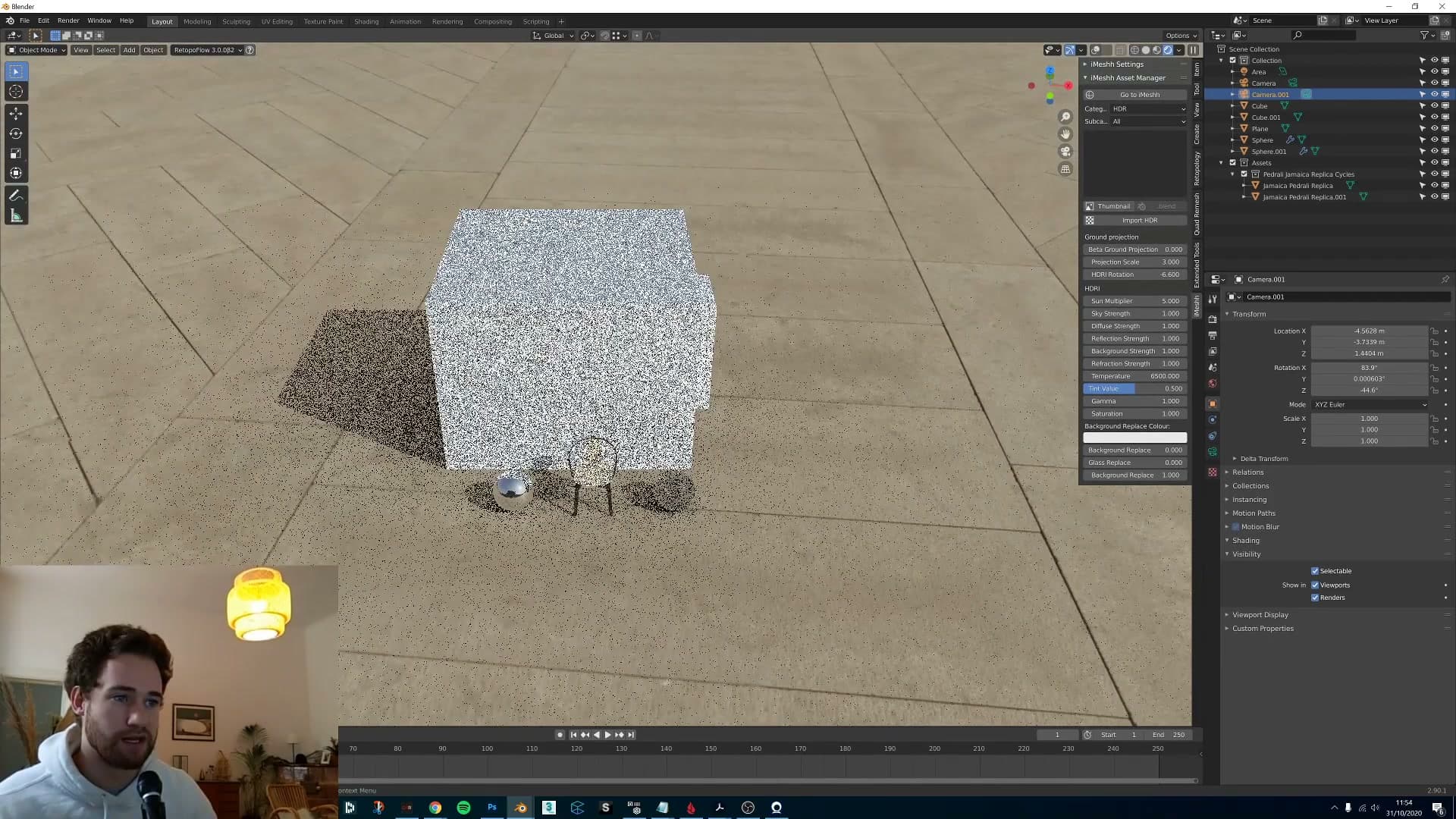 Ground projection off: the subject floats in the HDR; the shadow catcher plane hides the ground.