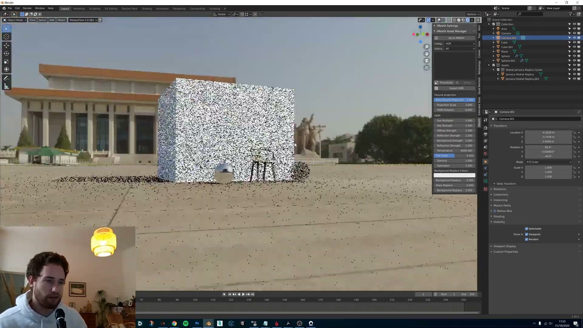 Ground projection on: the same subject is now planted on the HDR's ground plane, and lowering the camera reads as moving closer to the floor.