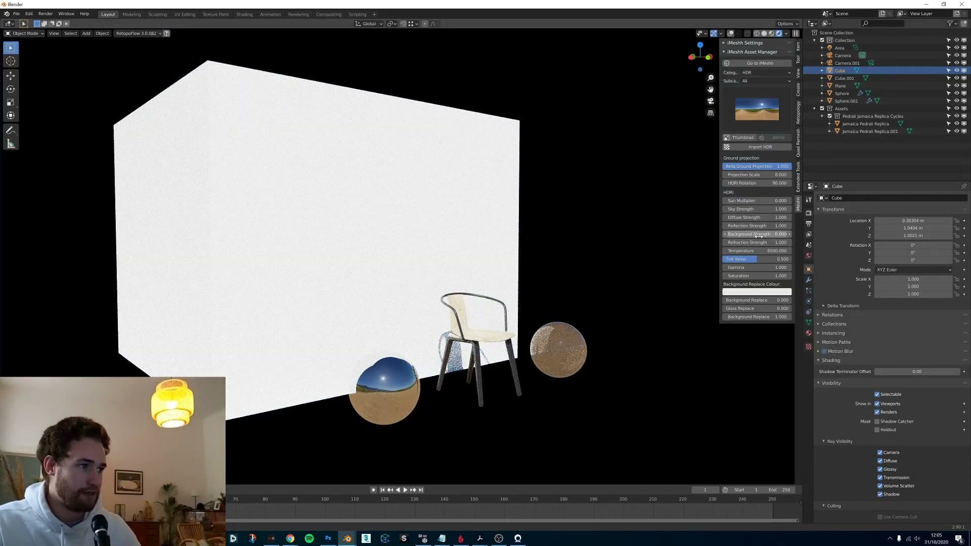 Background strength toggled off: the HDR no longer appears behind the scene but lighting is unchanged.