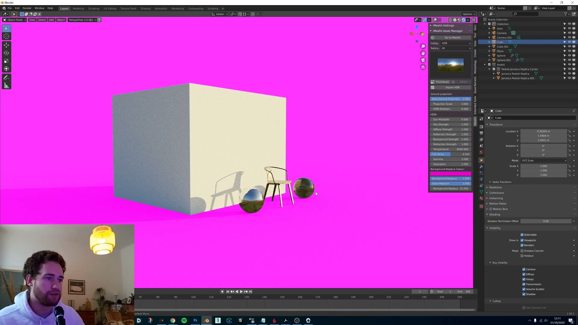 Coloured background: the glass ball picks up the pink, just like a real coloured backdrop would behave.