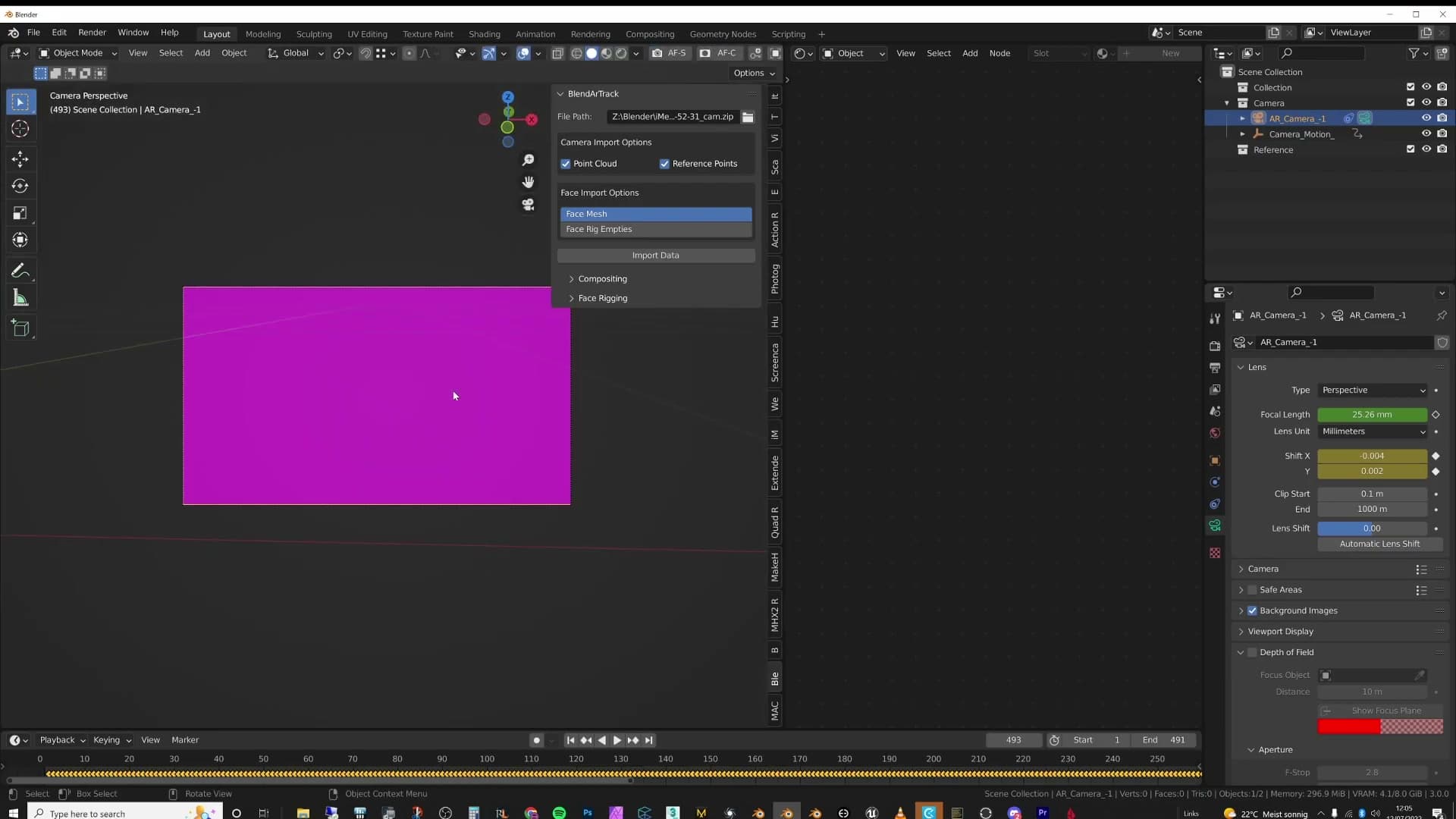 Fresh import of the phone tracking data: camera and keyframes appear in the scene.
