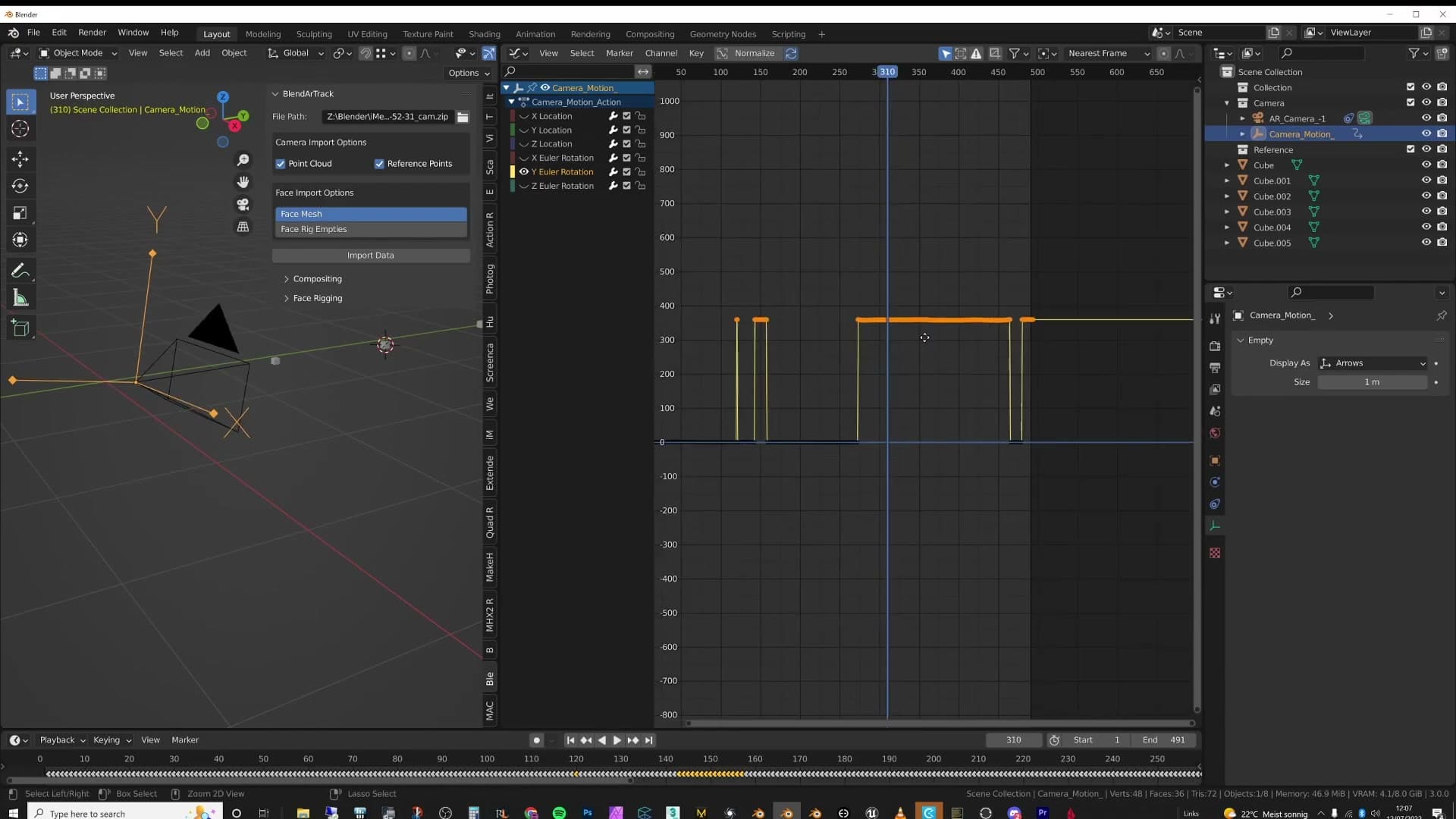 Graph editor on the camera data: focal length and shift keyframes selected and deleted with X.