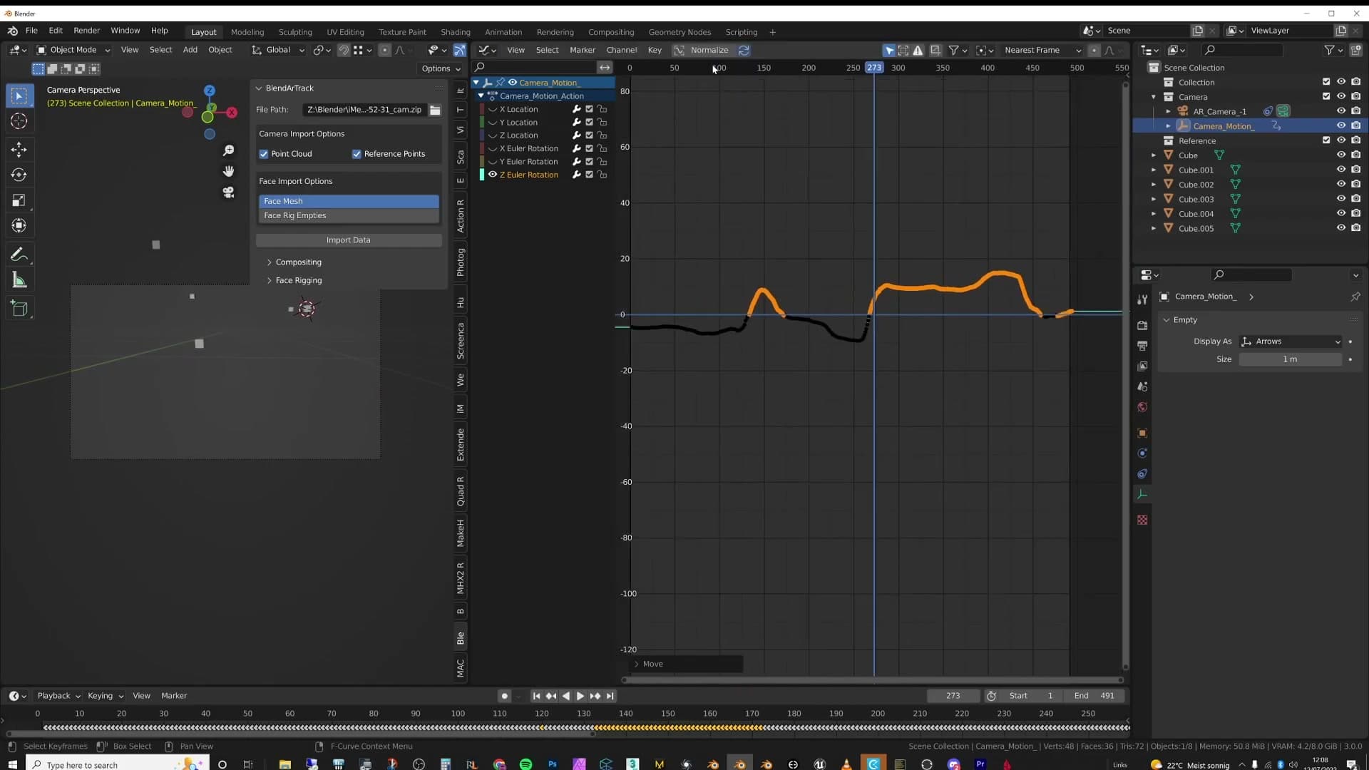 Keyframes dragged back down to zero in the graph editor: the motion now reads correctly without flipping.