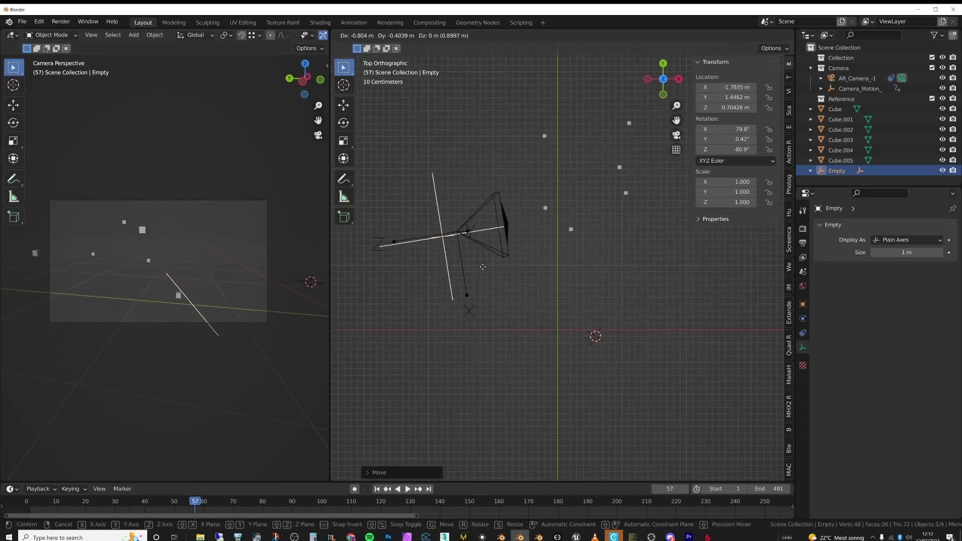 Copy Attributes add-on used to transfer the camera's rotation onto the empty at frame zero.
