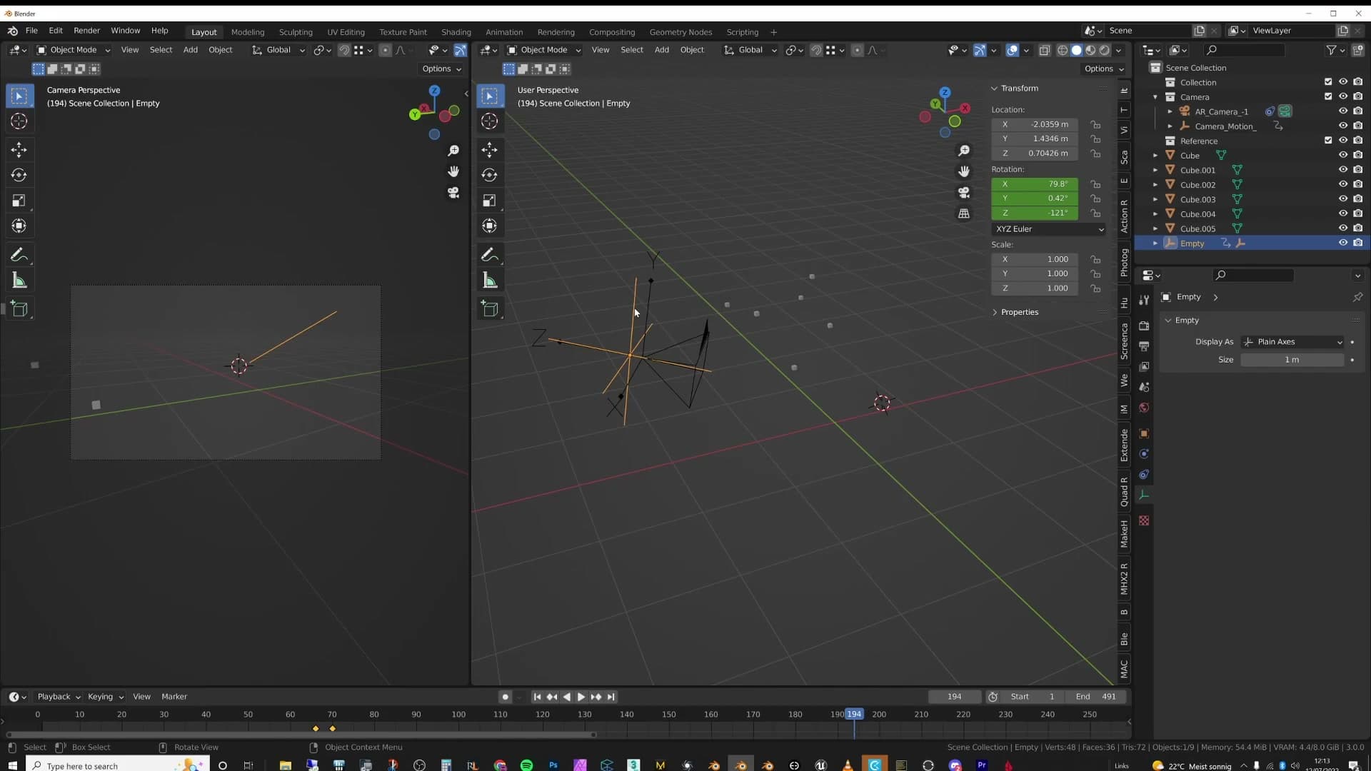 Rotation keyframes added to the empty itself, a secondary glance layered on top of the tracked motion.