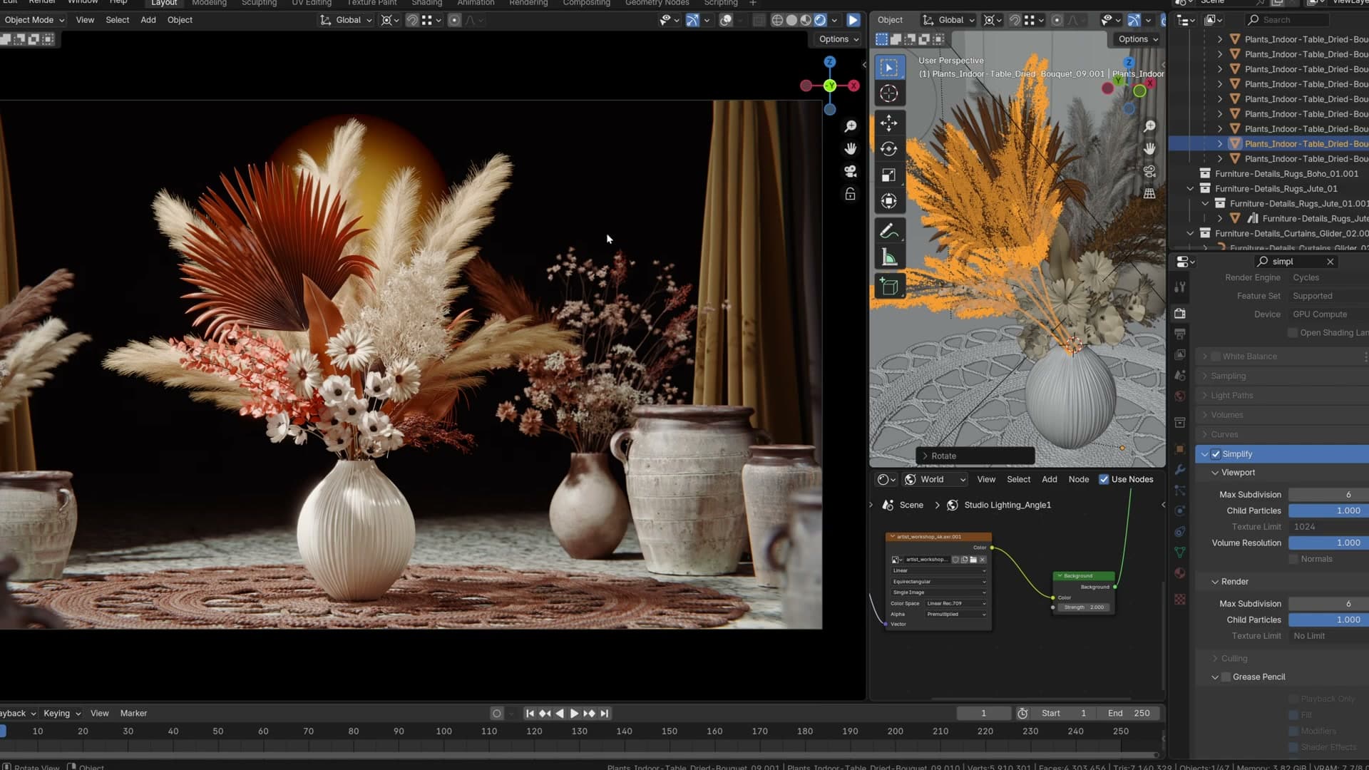 The new iMeshh Asset Manager panel docked inside Blender, with category tabs for models, materials, geonodes, effects and HDRIs.