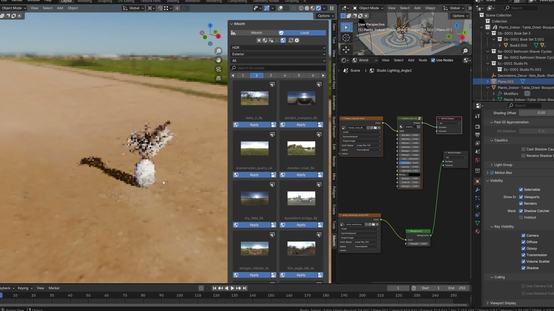 Ground projection toggled on. A shadow-catcher plane plants the HDRI as a flat floor under the scene.