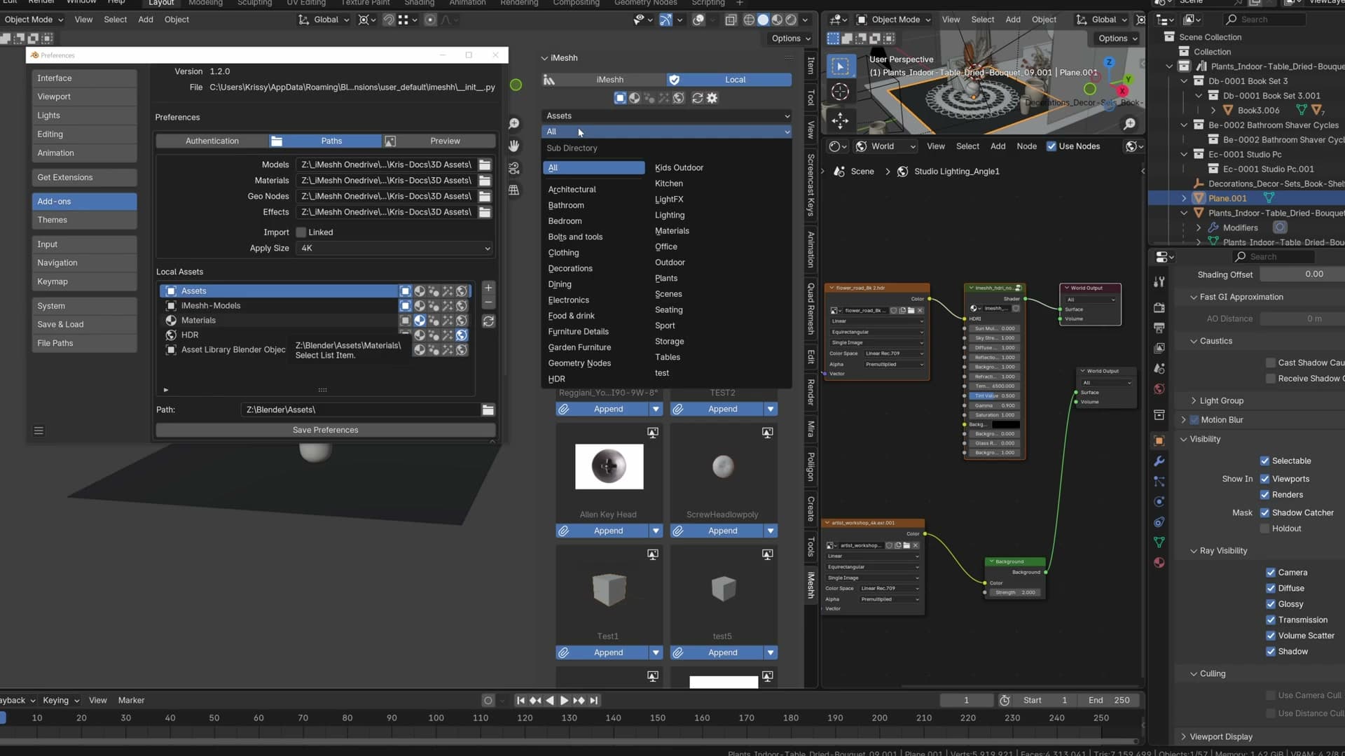 Folder structure on disk: a .blend file alongside a matching .jpg with the same filename. The manager indexes both as one asset entry.