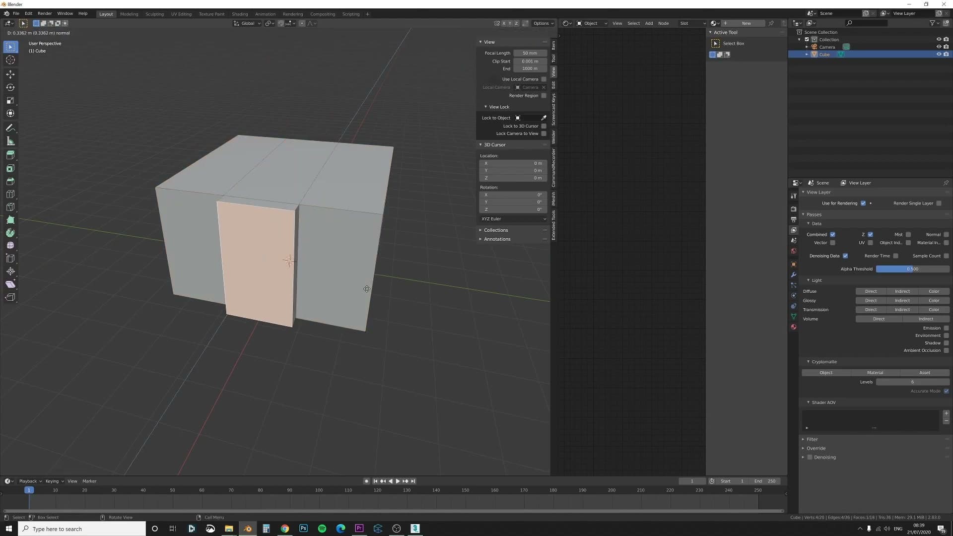 Default cube scaled up to 3 metres tall with extra loop cuts pulled out to form a simple room shape.