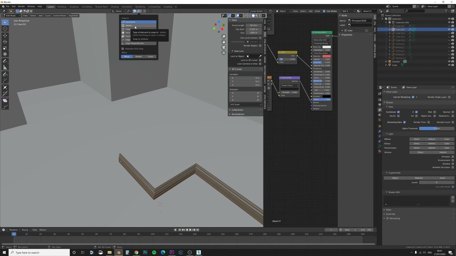 Snapping enabled with Shift+Tab and set to vertex so the profile origin clicks onto the room corner.