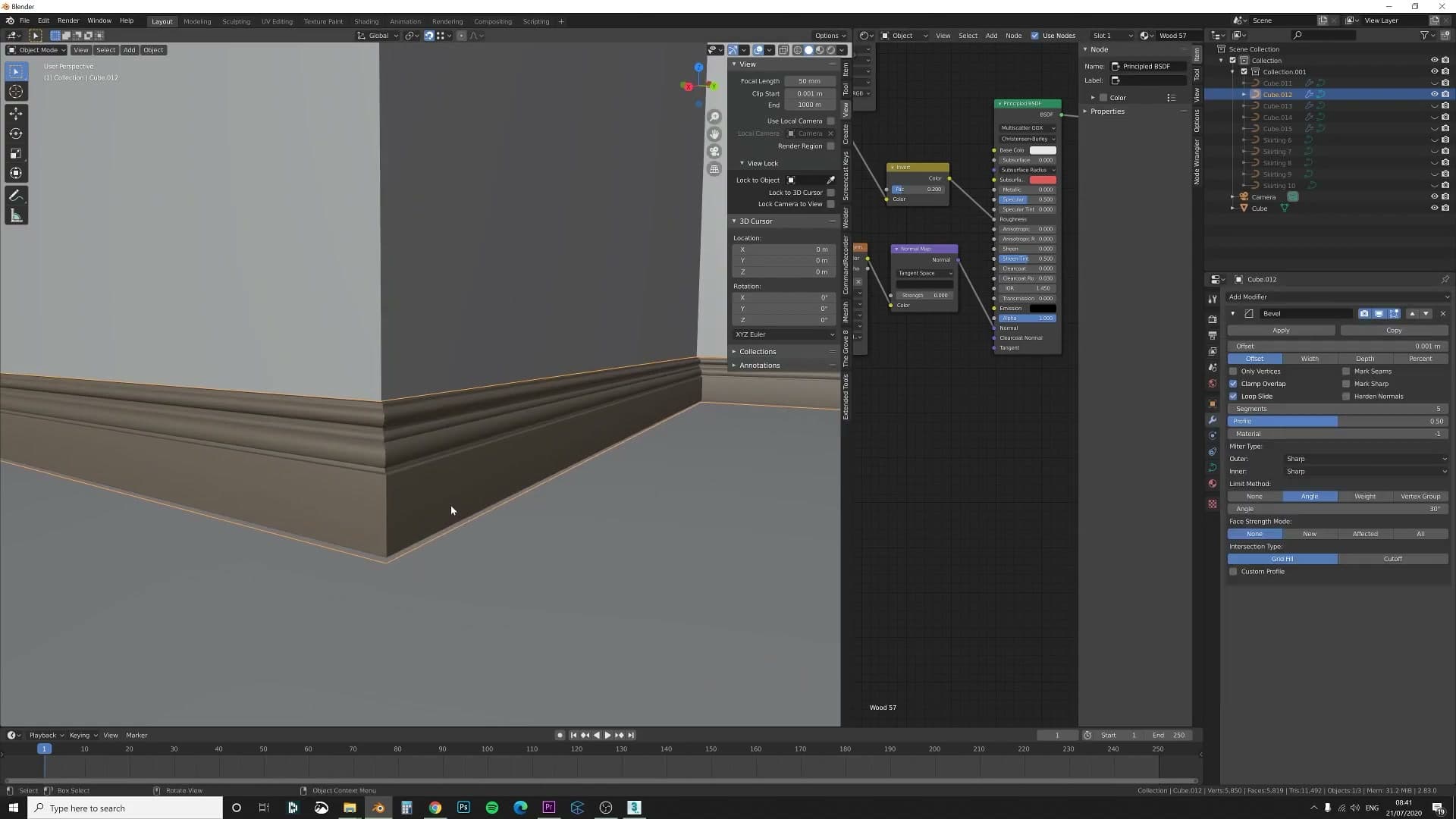 Pressing E to extrude the curve: the skirting profile sweeps along each wall with mitred corners.