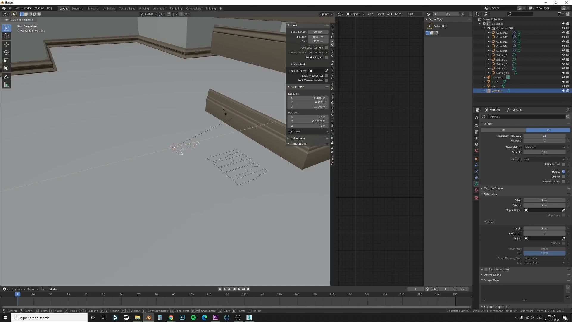 Pivot point switched to 3D Cursor so rotations happen around the corner of the profile, not its centre.