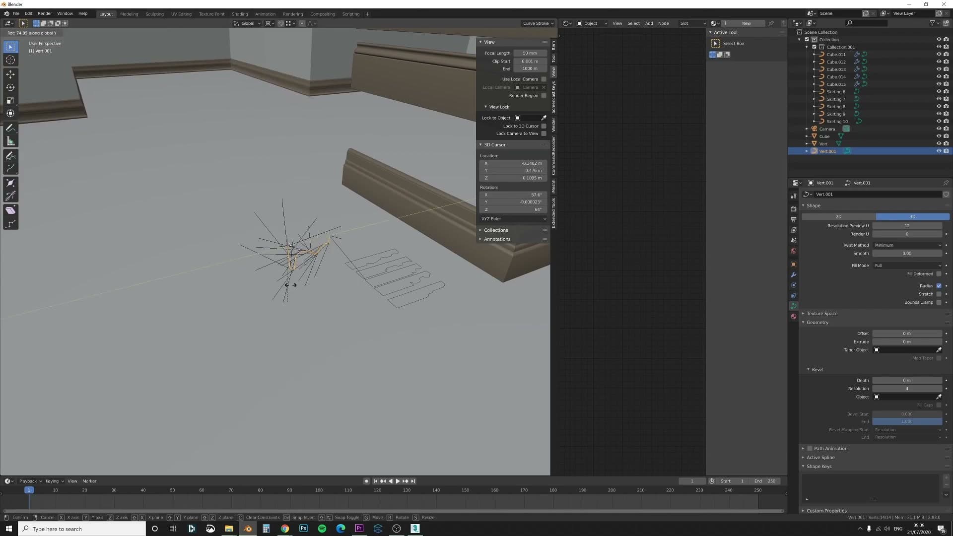 Edit mode R Y rotation snapping in 90° steps to land the profile with Y up and the room side facing X.