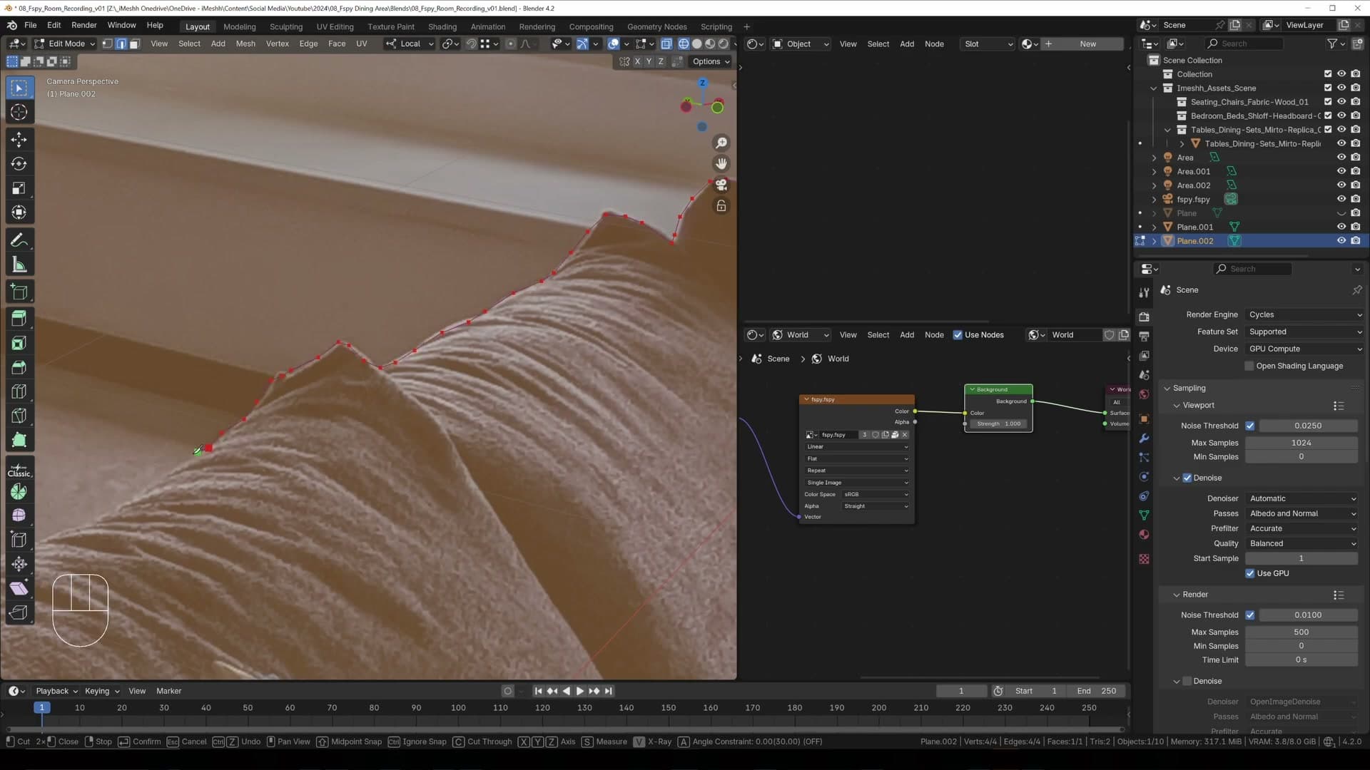 Passepartout at full opacity plus viewport denoising for near-instant render previews.