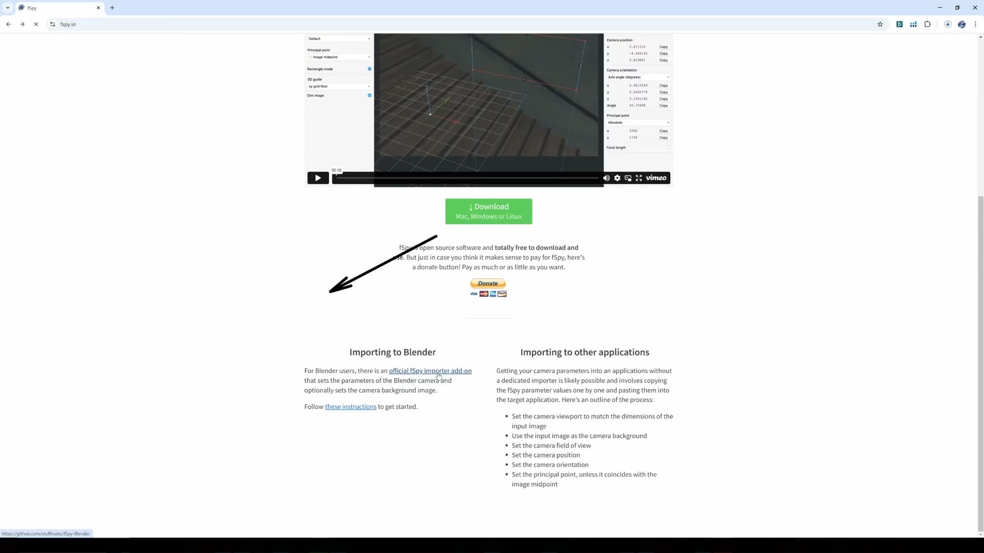 fspy.io download page: grab the .zip or .exe plus the Blender importer add-on.