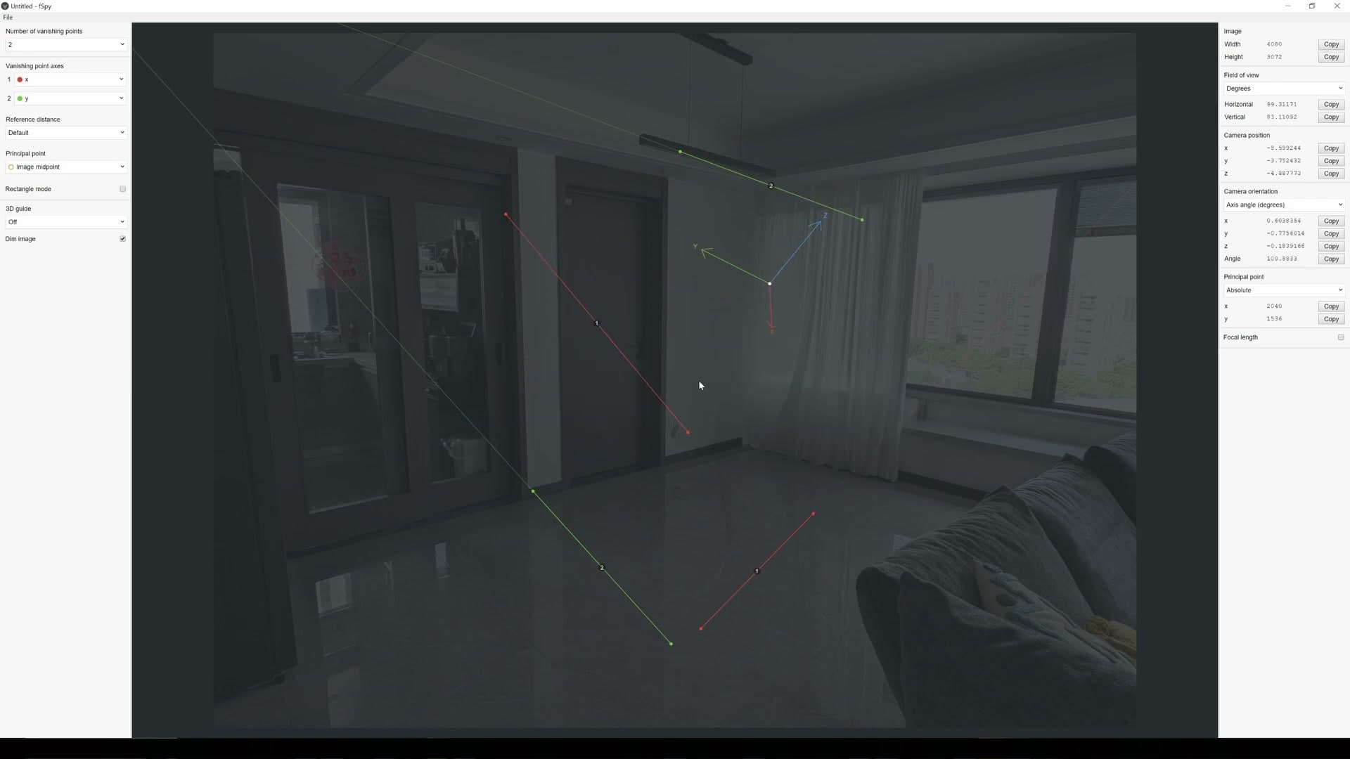 fSpy UI with two red and two green handles overlaid on the room photo.