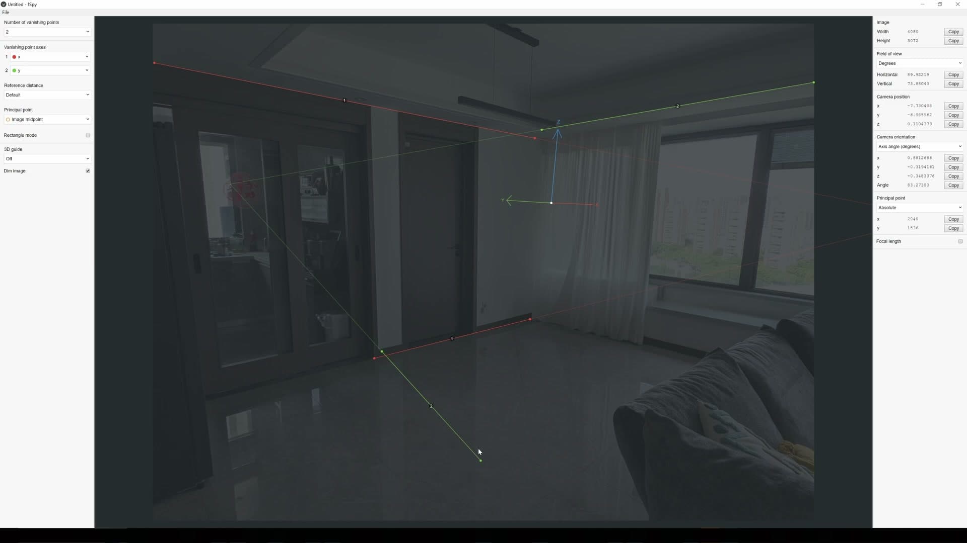 Green handles aligned to lines perpendicular to the red axis, ready to save.