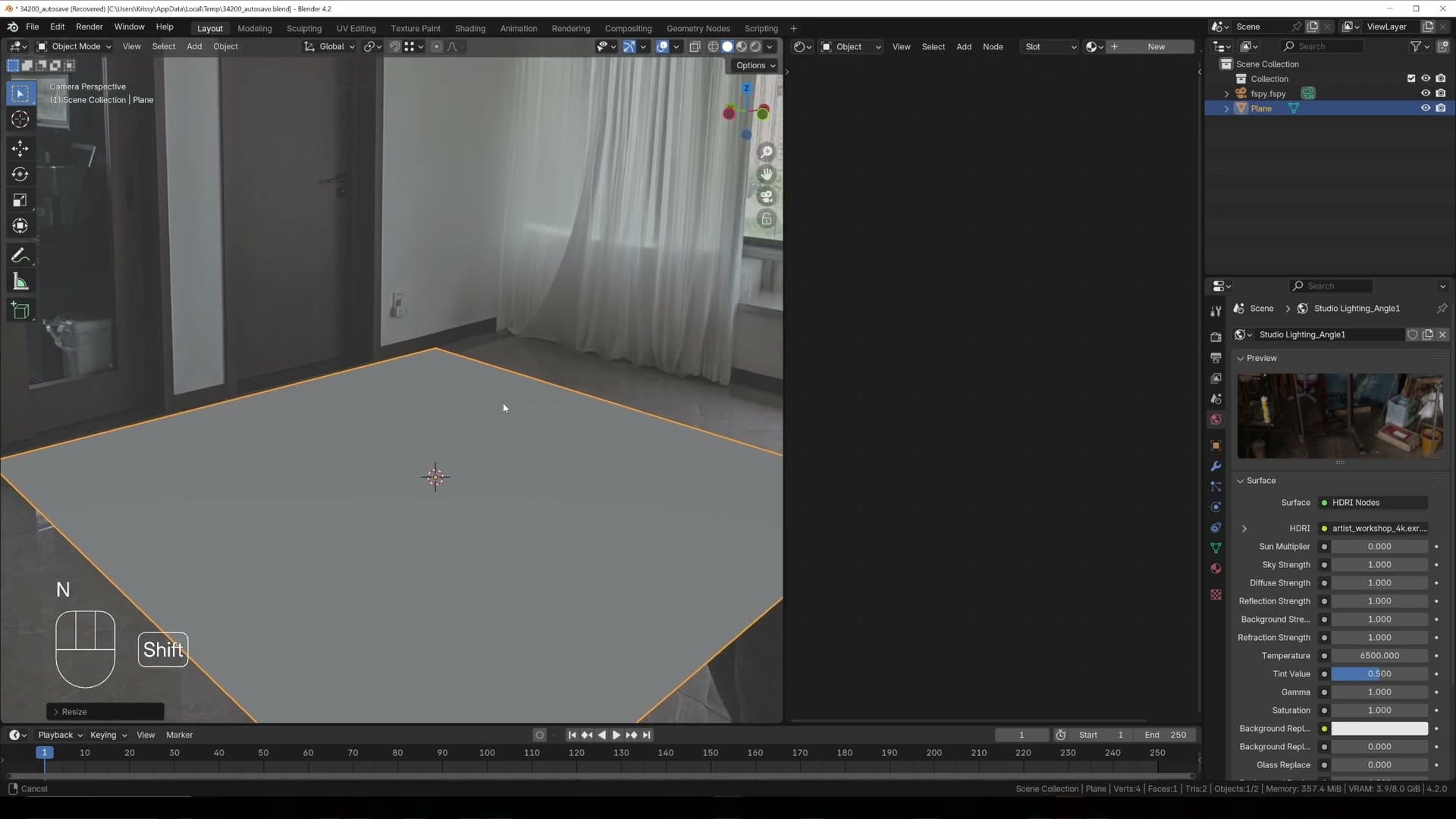 fSpy file imported in Blender with the room photo loaded as the camera background.
