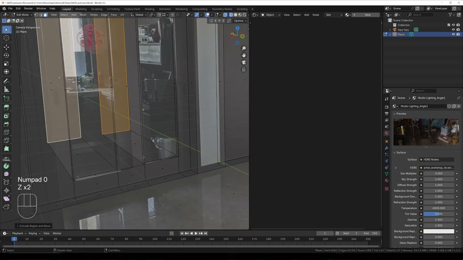 Window faces extruded twice: first to frame depth, then back to wall thickness.