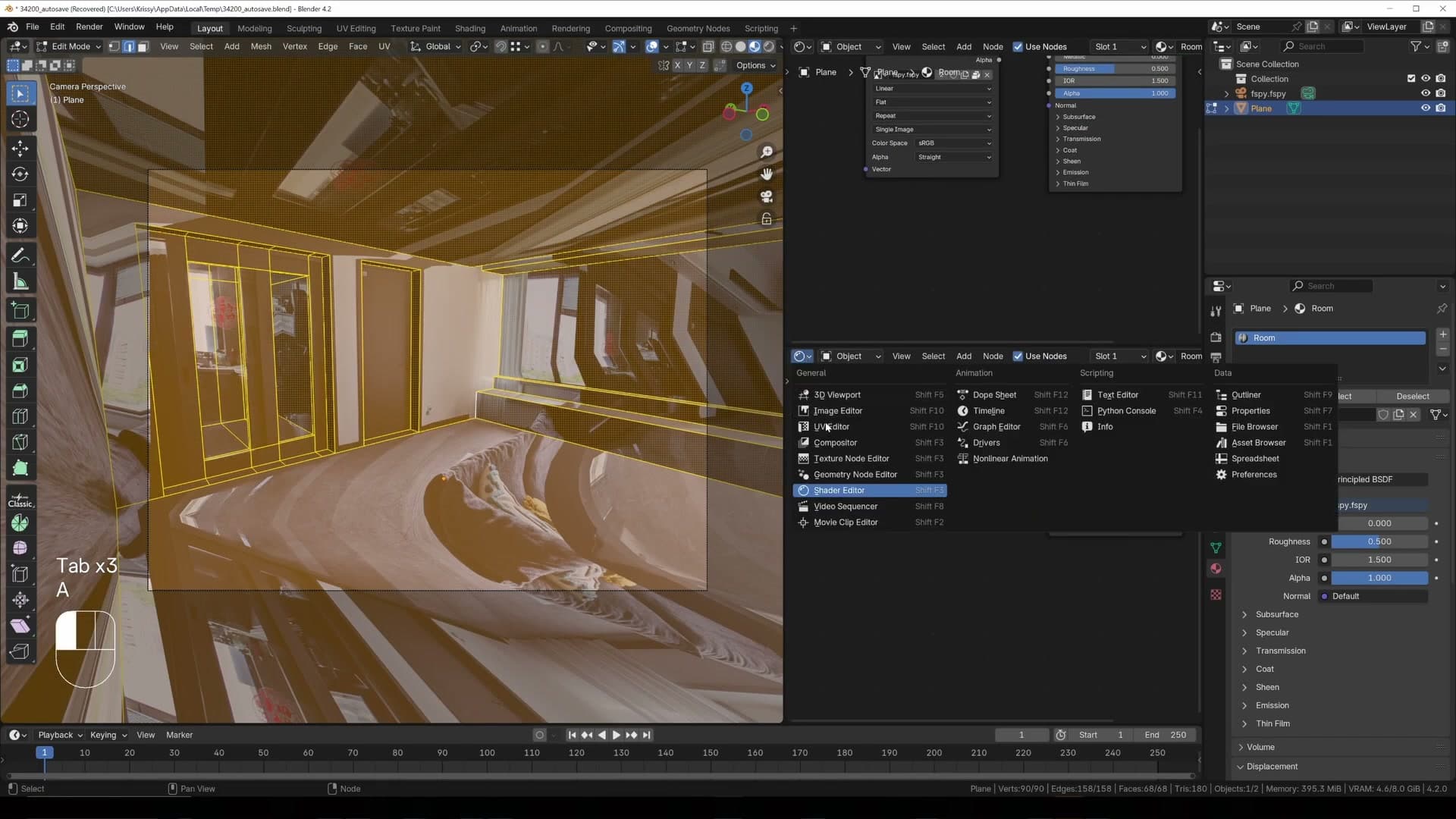 UV editor showing room edges collapsed because Blender has no quad structure to project onto.