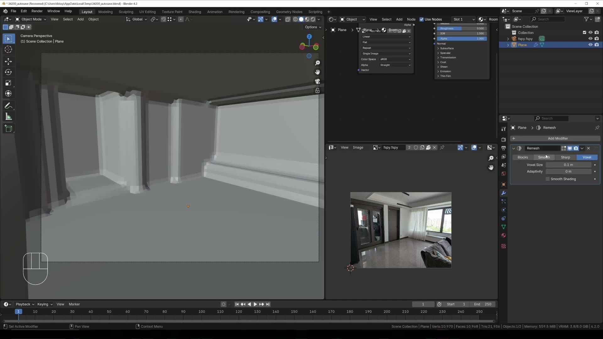 Remesh modifier set to Sharp at octree depth 6. The room is now all quads.