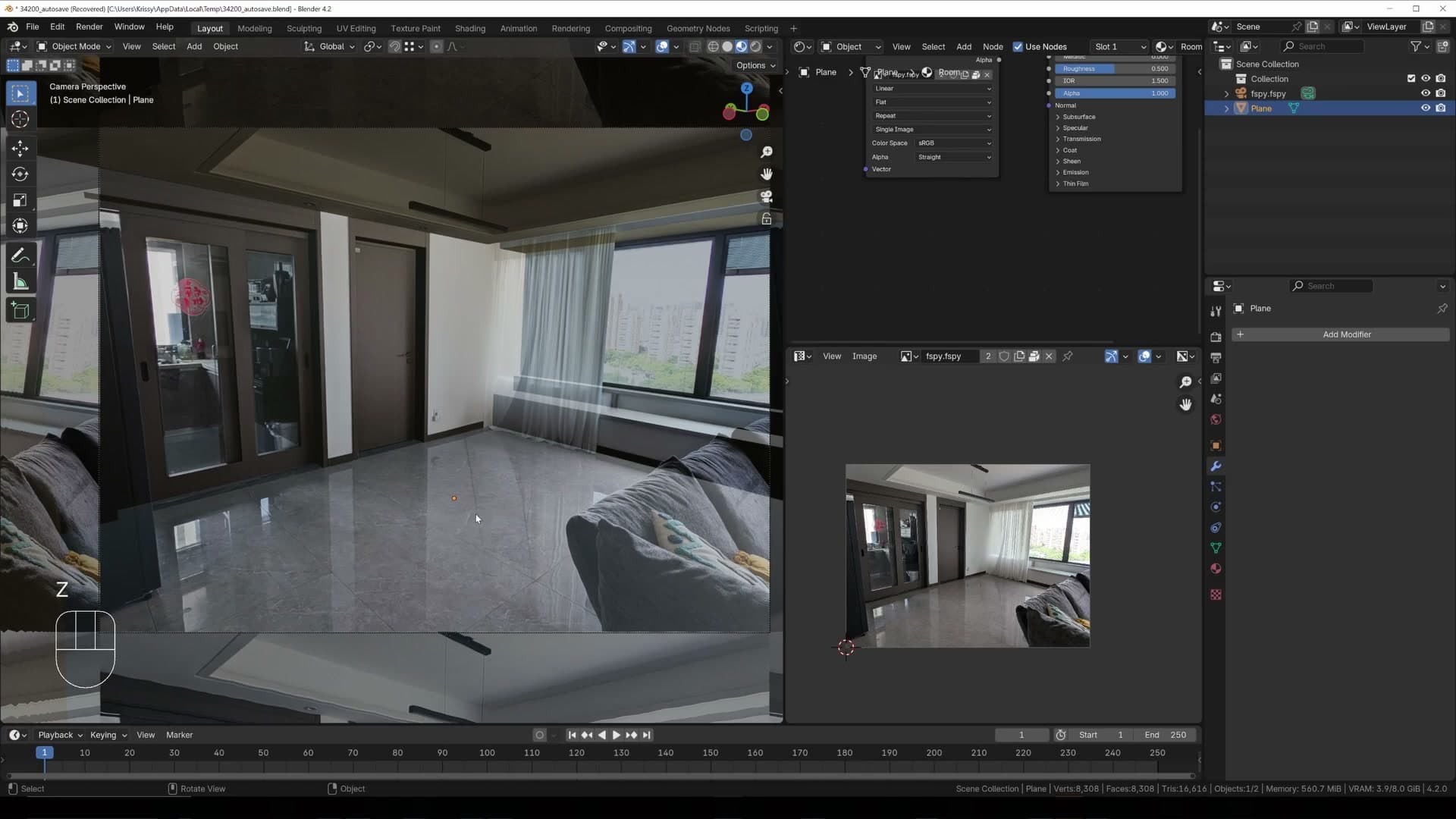 Material preview showing the photo projected onto the room with no visible distortion.
