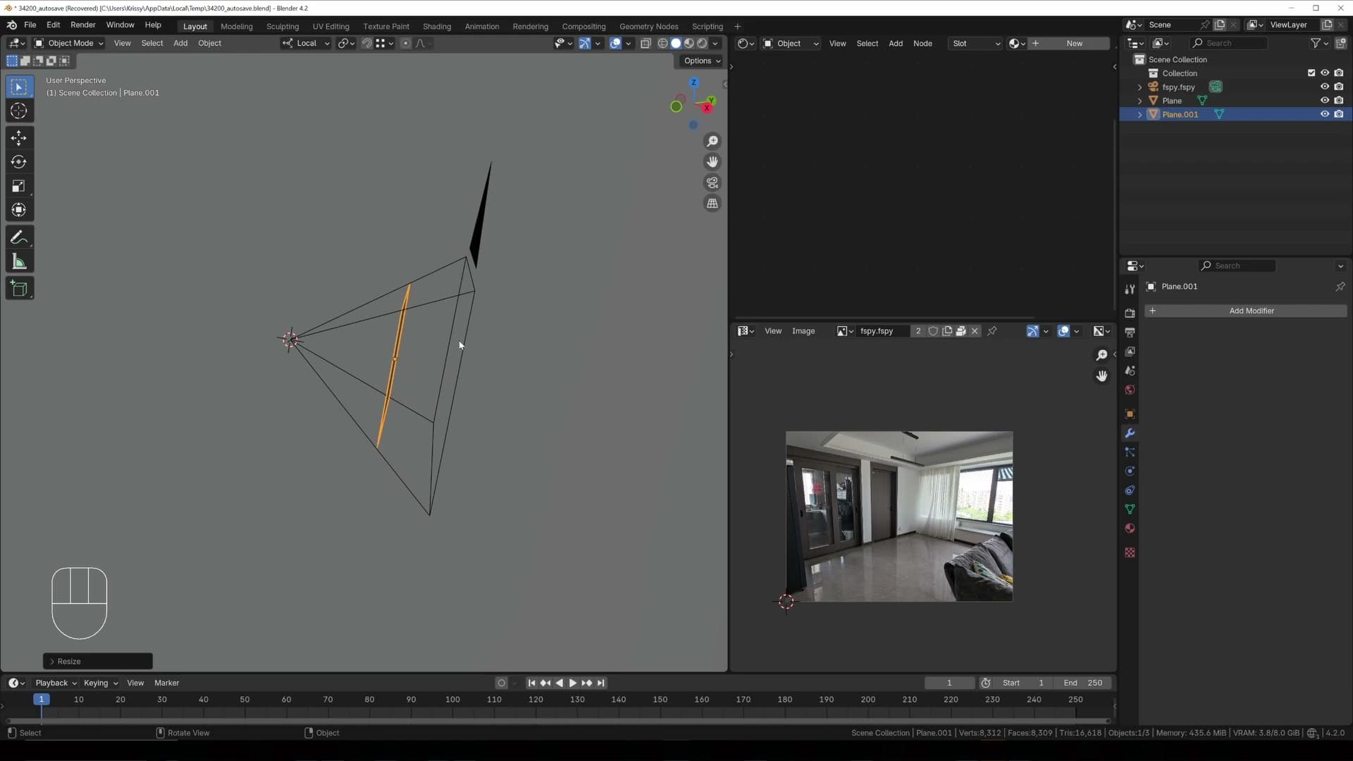 Camera set as pivot point, extrude + scale outward creates a frustum that encloses the visible room.