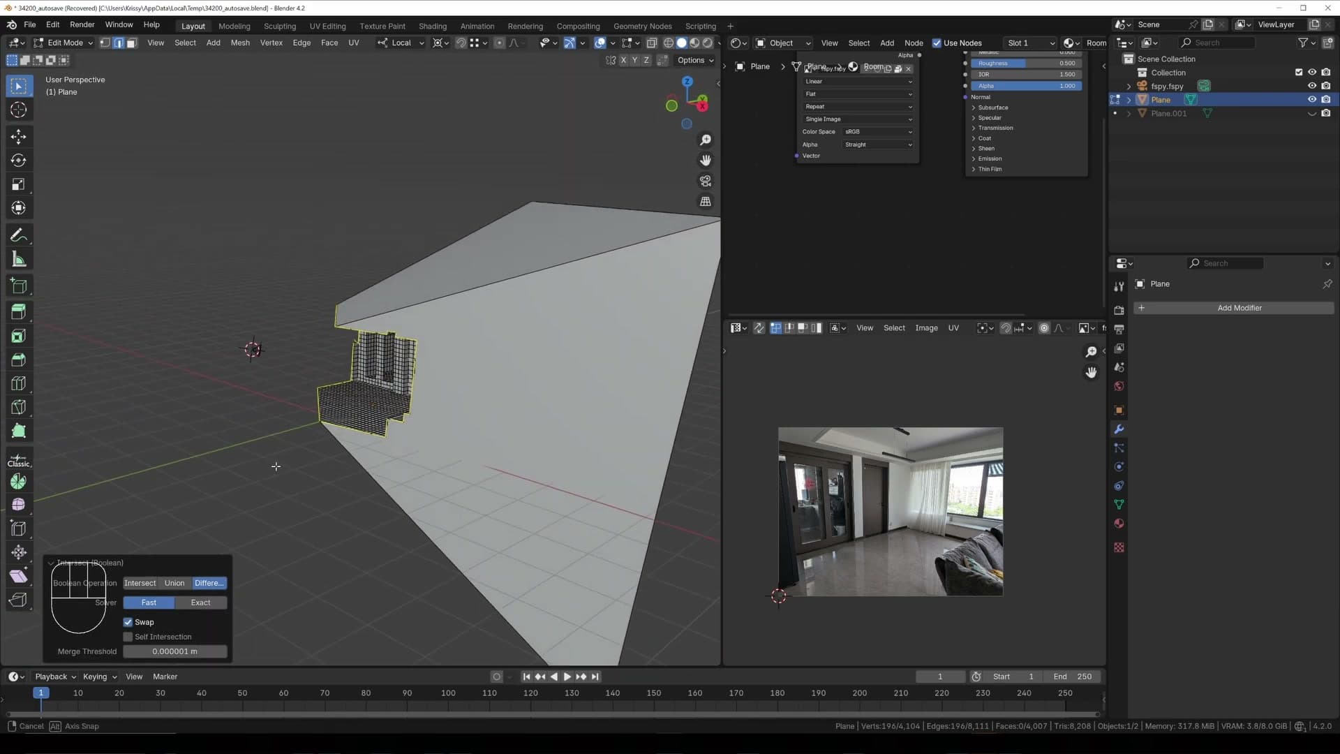 F3 > Boolean Difference (Fast) carving the frustum out of one duplicate of the room.