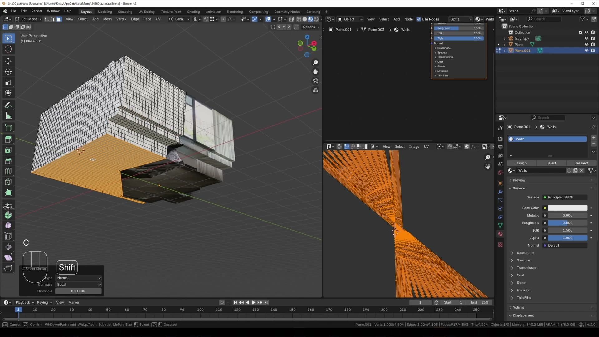 Shift+G > Normal picks all floor-facing faces, then a new material gets the floor colour via eyedropper.