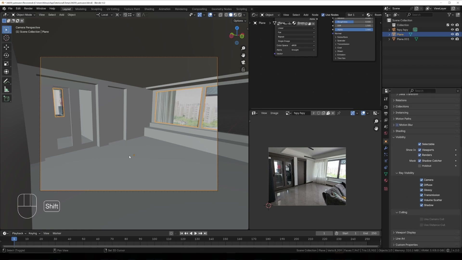 Object Properties > Visibility > Shadow Catcher. The room now only receives shadows.