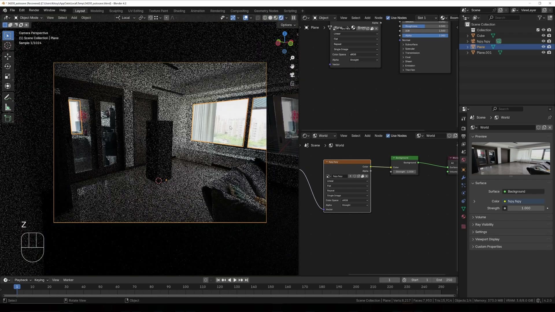 World shader: Texture Coordinate > Window > Mapping > Image Texture > Background.