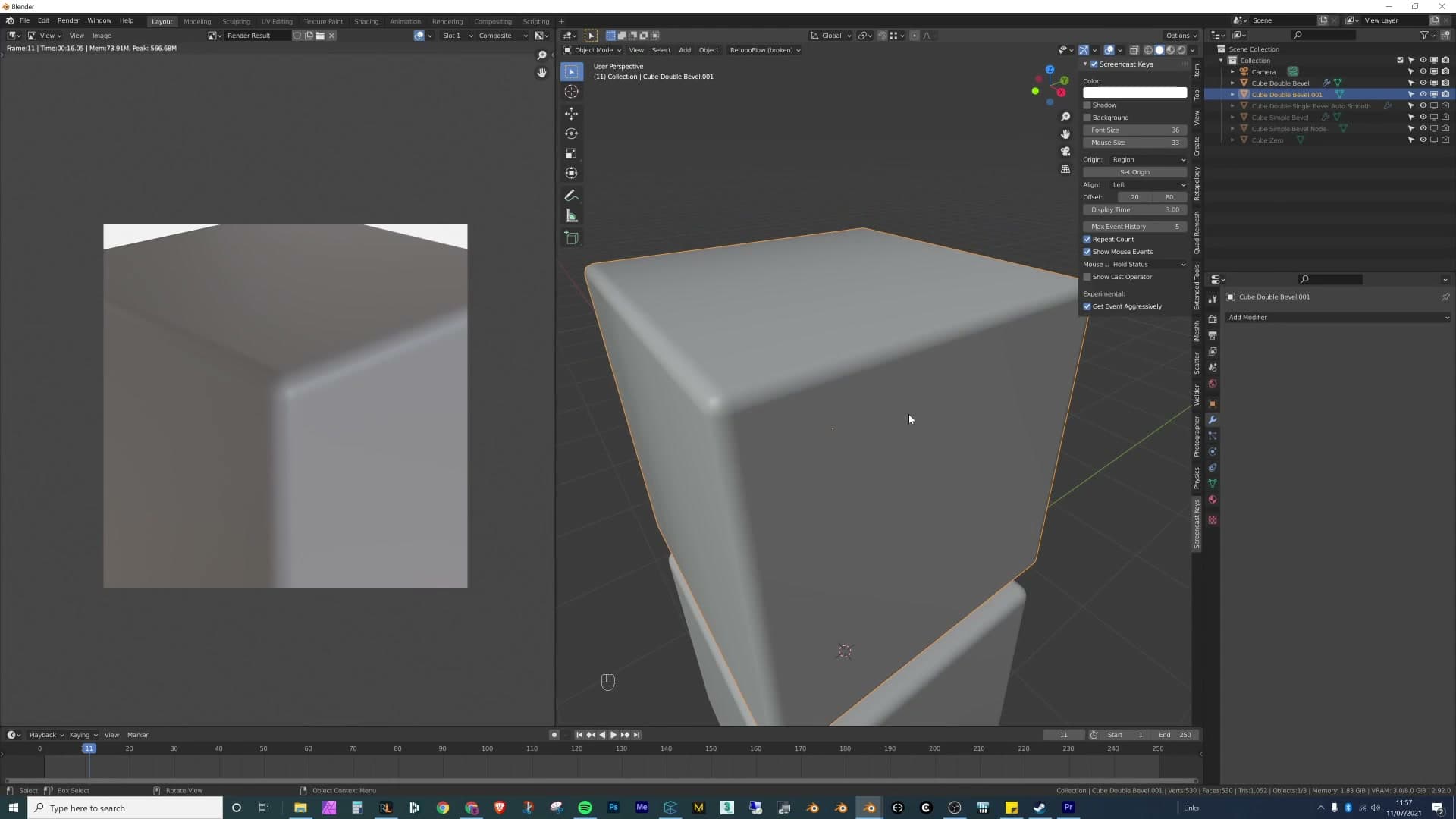 Two extra loop cuts placed tight against the bevel edges (Ctrl+R). The gradient is now confined to the bevel and the flat faces shade cleanly.