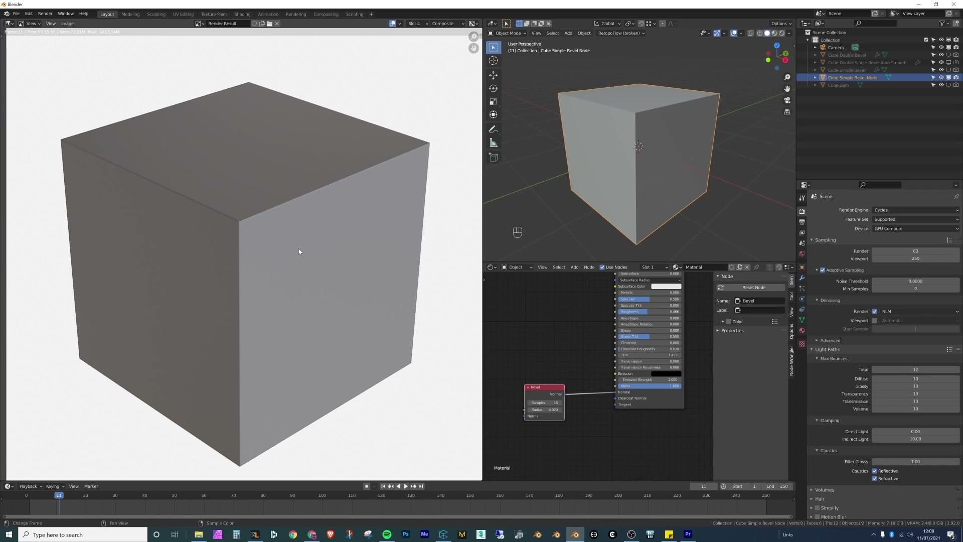 The Bevel shader node plugged into Normal. Every edge of the default cube now reads as soft, with no geometry changes.