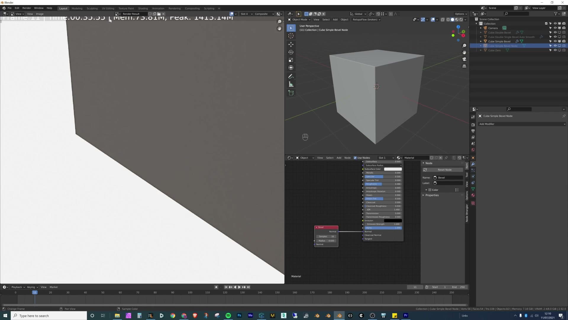 The Bevel modifier on the same cube. Real geometry means the silhouette curves and the edge falls away naturally behind the object.