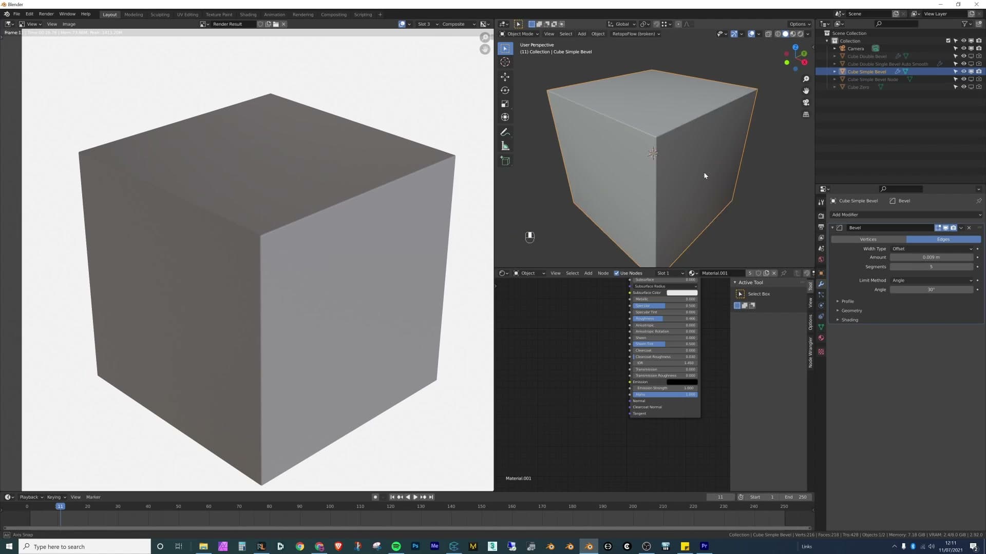 Switching to Shade Smooth. The bevel itself looks great, but a soft gradient bleeds across the flat face on either side.