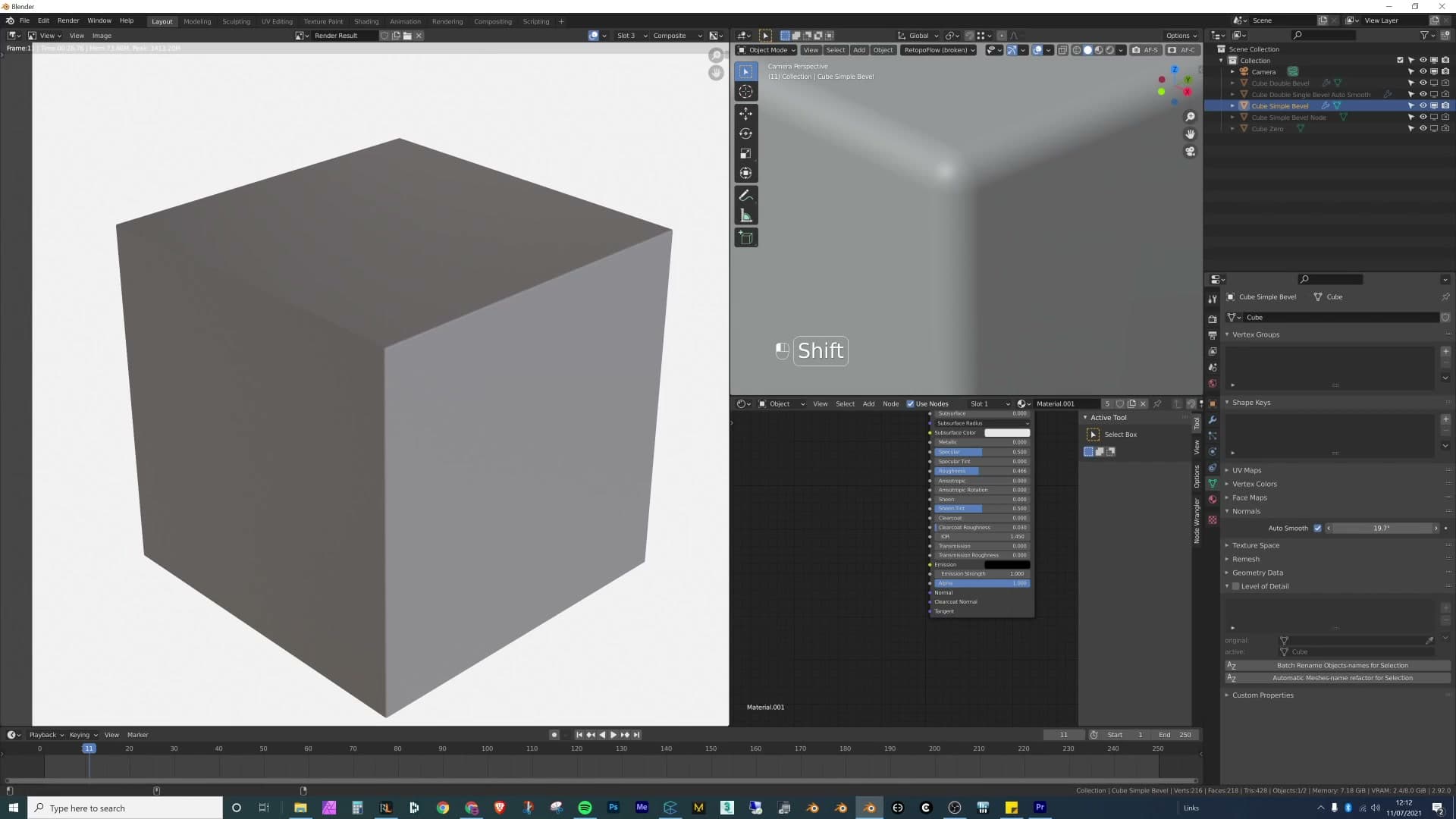 Harden Normals enabled inside the Bevel modifier alongside Auto Smooth on the object. The standard one-two fix for smooth-shaded bevels.