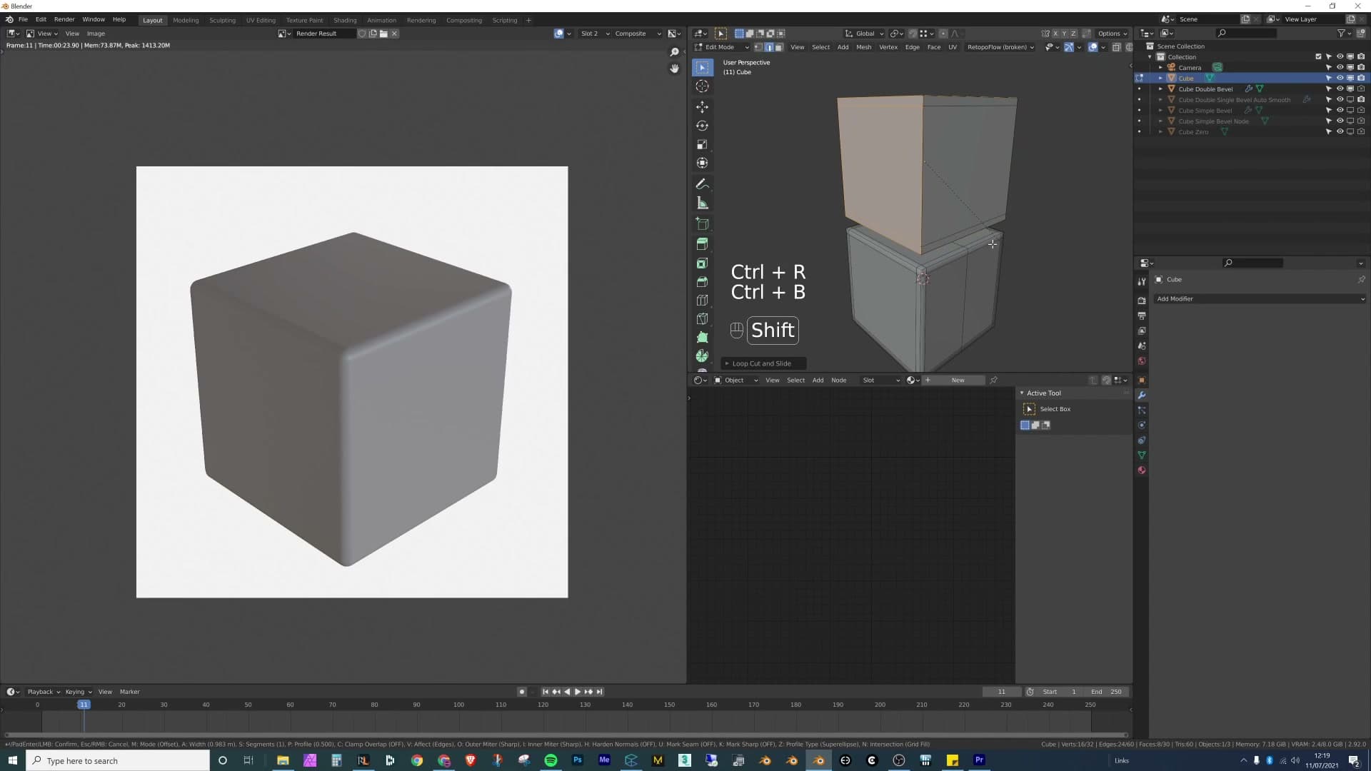 Wireframe view confirms the new edge structure. The same supporting edges you'd add manually with Ctrl+R, now generated by the modifier stack.
