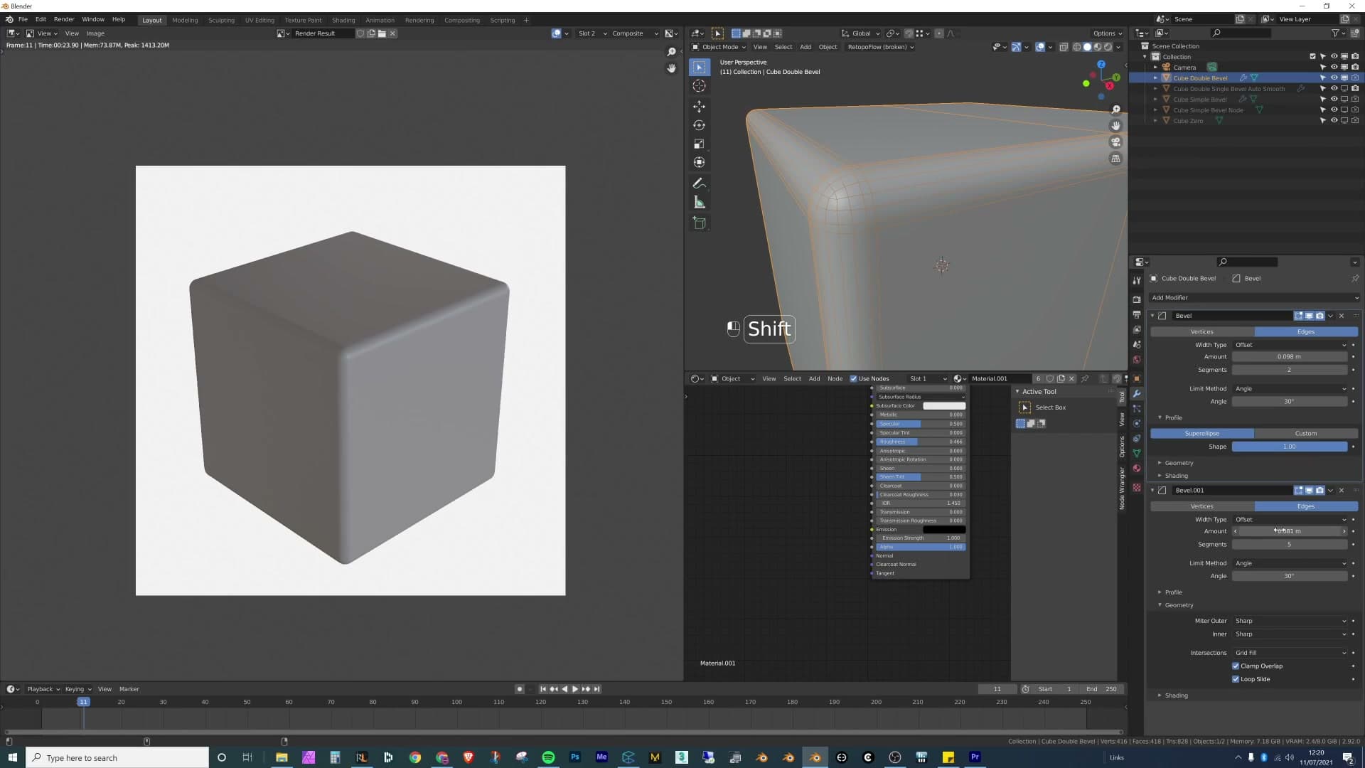 The two bevel widths are kept roughly equal. If the outer reverse bevel is much wider than the inner bevel the supporting edges drift too far away and the gradient returns.