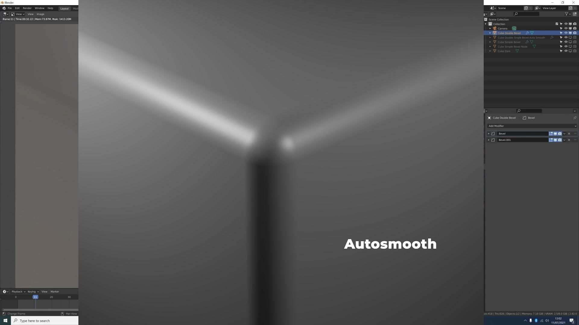 Double-bevel render. The edge reads as completely smooth with no shading discontinuity on the surrounding face.