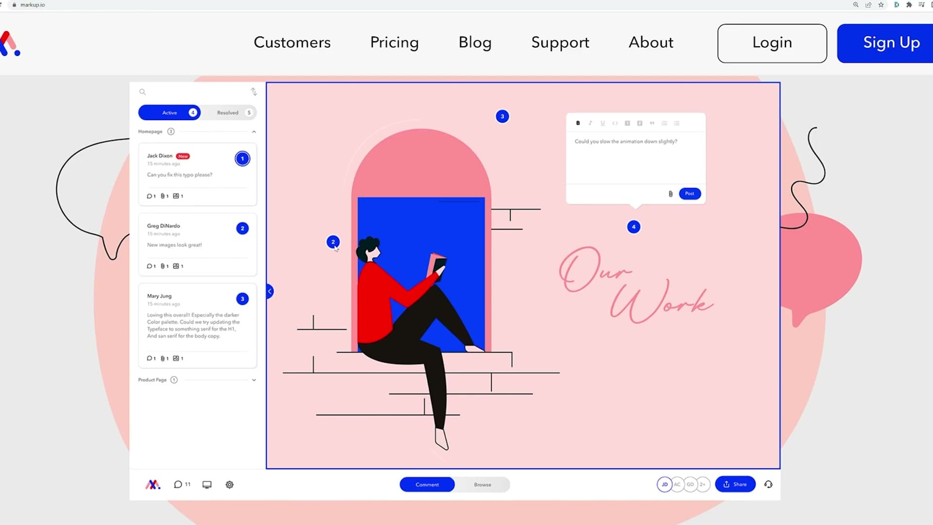 markup.io introduced as the visual annotation platform for tracking discrete rounds of client feedback.